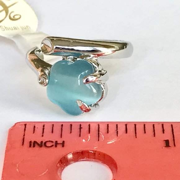 Vintage Aqua Blue Cats Eye Stone Flower Ring Size 7 Wrap Retro Silver Plated - Picture 10 of 11